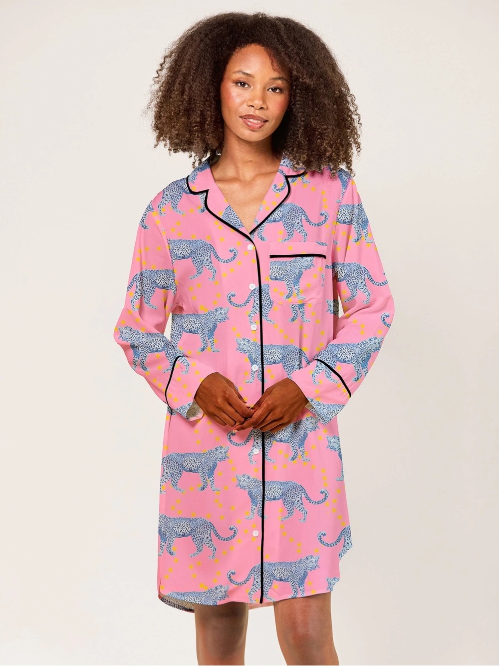 Katie Kime M Pink Blue Leopard Print Long Sleeve Nightshirt Pajama Lounge Comfy